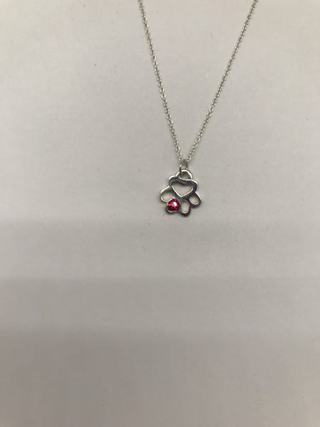 Birthstone Small Paw 3mm Cubic Zirconia Red Stone July 16" Silver Chain Pendant Necklace
