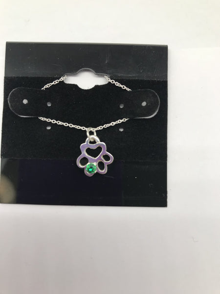 Birthstone Small Paw 3mm Cubic Zirconia Green Stone May 16" Silver Chain Pendant Necklace