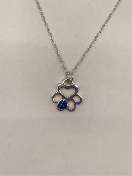 Birthstone Small Paw 3mm Cubic Zirconia Blue Stone September 16" Silver Chain Pendant Necklace