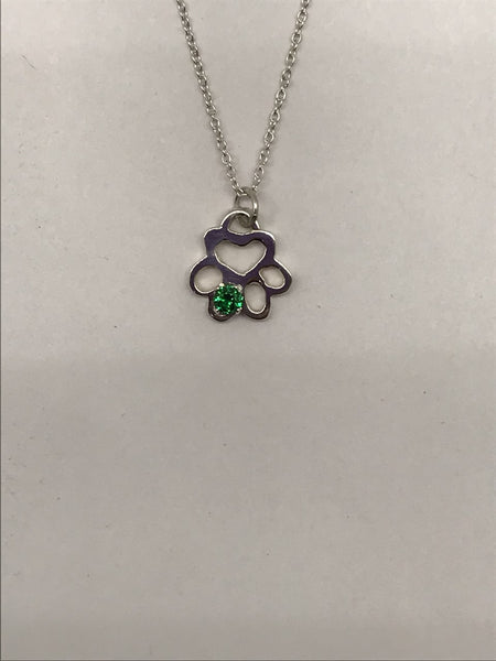 Birthstone Small Paw 3mm Cubic Zirconia Green Stone May 16" Silver Chain Pendant Necklace