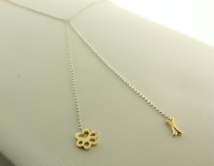 18k Yellow Gold Paw and Bone Necklace on 16" Sterling Silver Cable Link Chain with 3" and 4" Drops