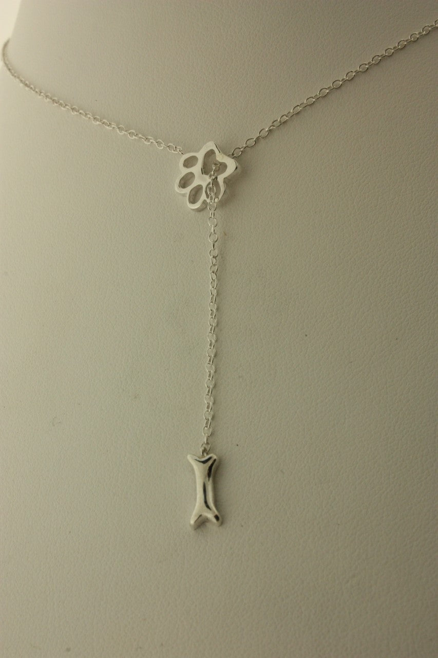 Paw and Bone Sterling Silver Lariat Necklace 16” with 3” drop